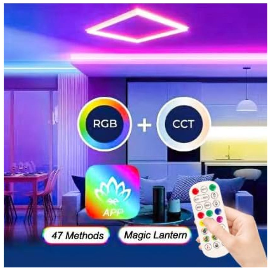 Living room with RGB and CCT lighting control, remote control, and app icon.