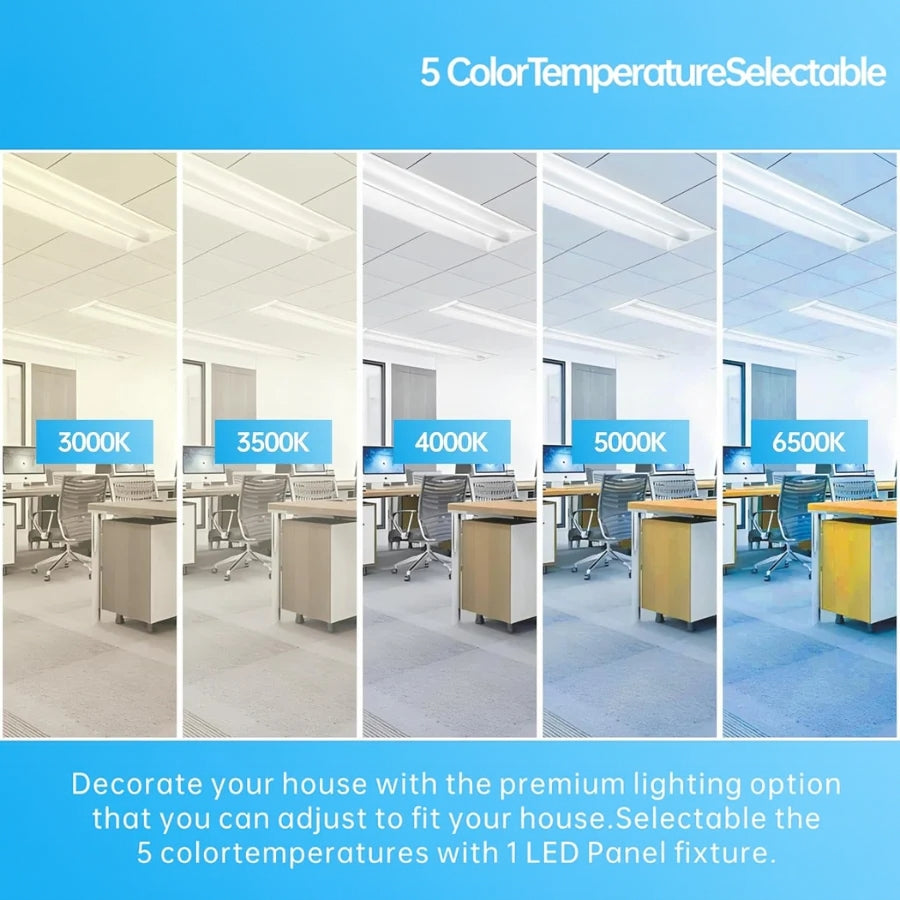 Collage of office interior with different color temperature labels on LED panels.
