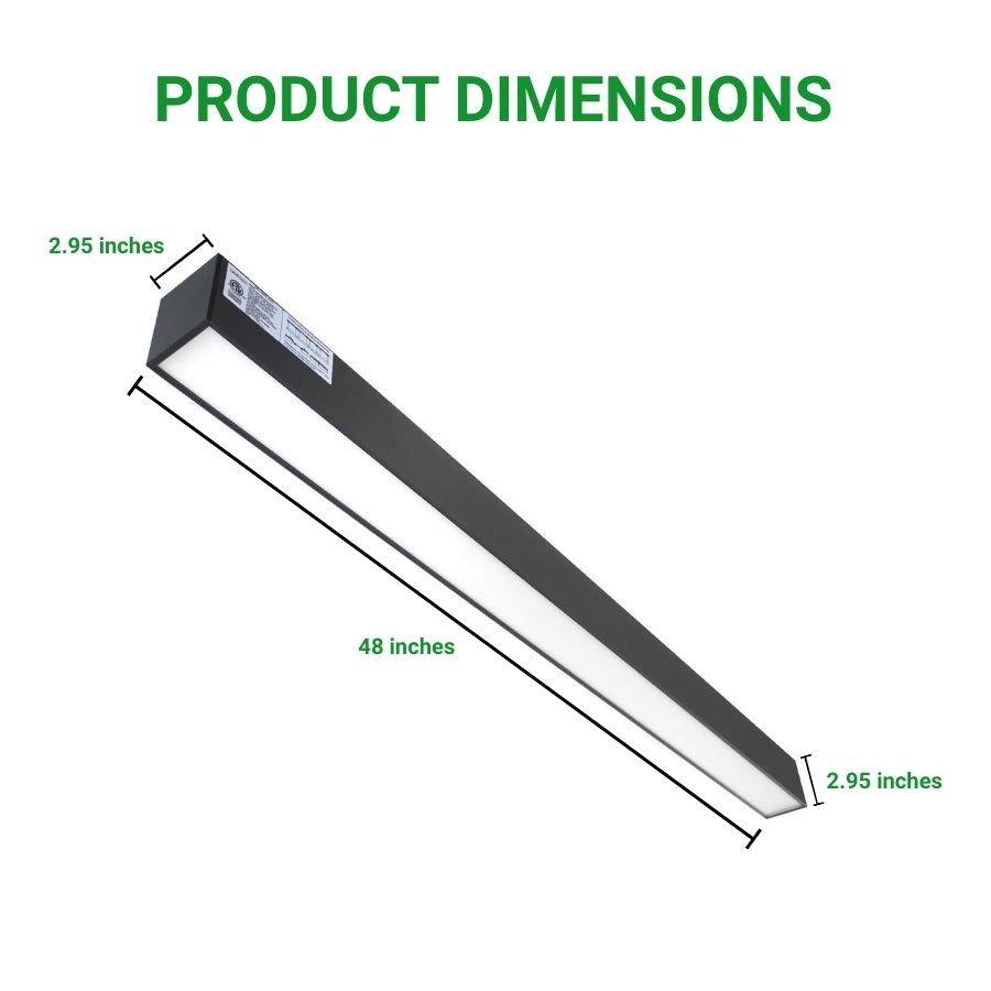 Dimensions of a linear flush mount ceiling light fixture with measurements labeled.