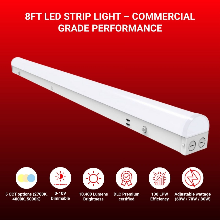 8FT LED strip light with features on a red background