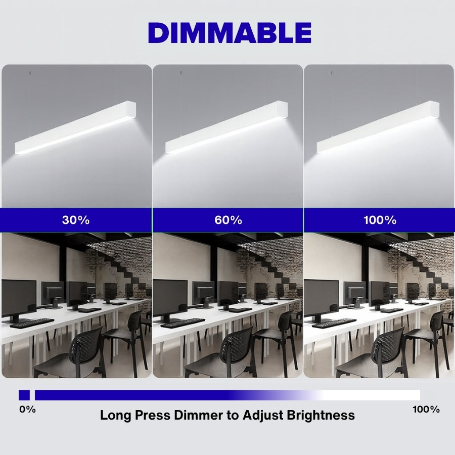 Dimmable light fixture showing 30%, 60%, and 100% brightness levels in an office setting.