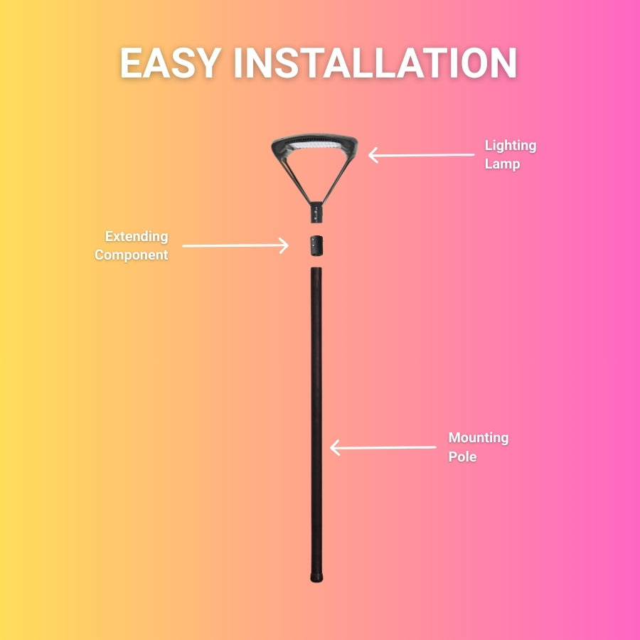low voltage outdoor post light 200w with labeled parts on a gradient background
