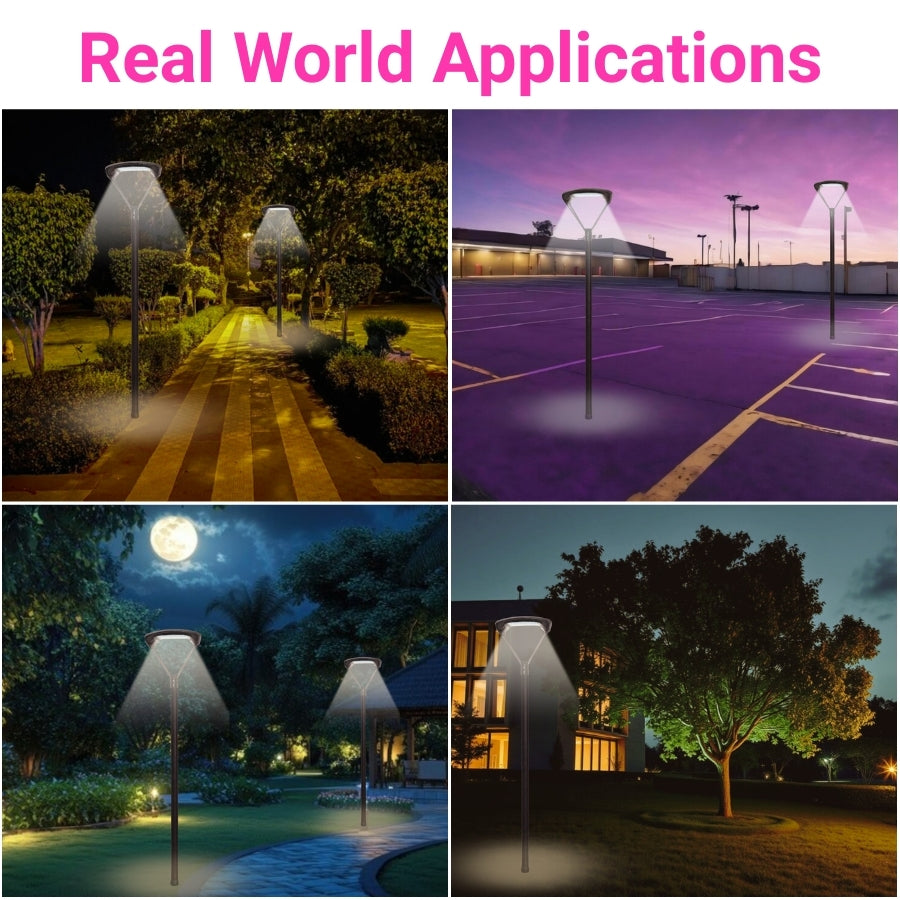 Collage of outdoor lighting applications including a garden path, basketball court, pool area, and residential area.