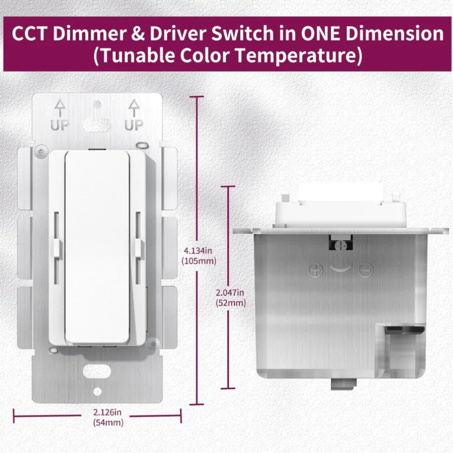 CCT Dimmer & Driver Switch with dimensions on a gray background