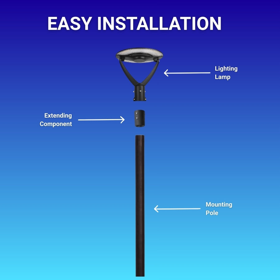 Diagram of a modern outdoor post light fixture installation with labeled parts on a blue background