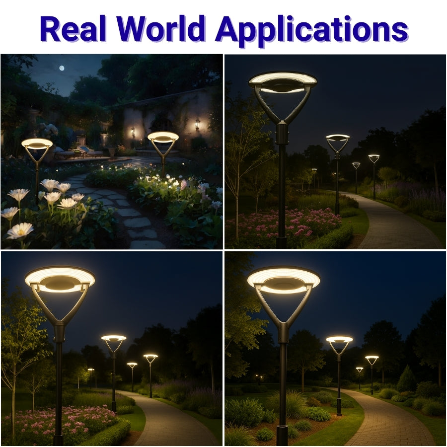 Collage of modern outdoor post light fixtures in outdoor settings with 'Real World Applications' text at the top.