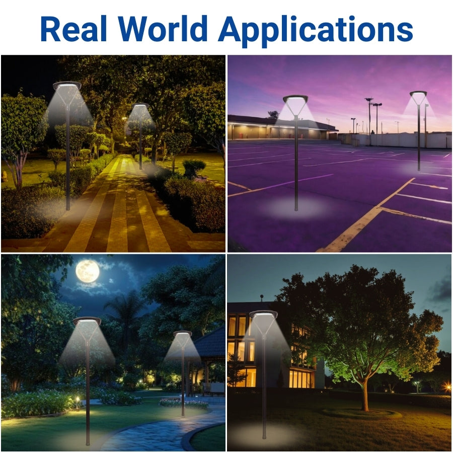 Collage of outdoor lighting applications including a garden path, basketball court, pool area, and residential area.