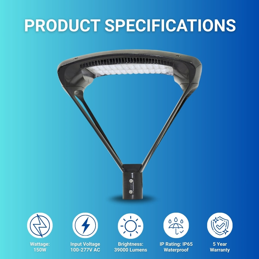 modern outdoor post light fixtures​ with product specifications on a blue background