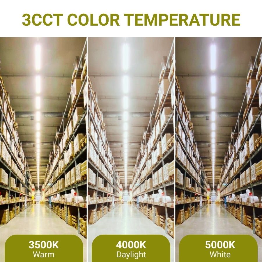 modern suspended ceiling lights in Warehouse interior with three different color temperature lights labeled 3500K, 4000K, and 5000K.