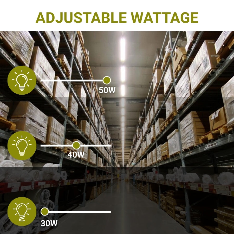modern suspended ceiling lights in Warehouse with shelves stocked with boxes, highlighting adjustable wattage options at fliptoled 