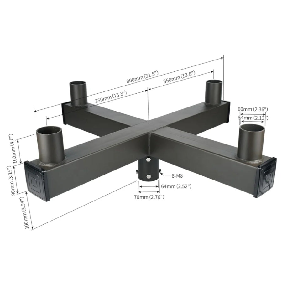 Black metal bracket with dimensions on a white background