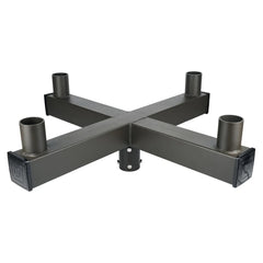 Black metal X-shaped bracket on a white background