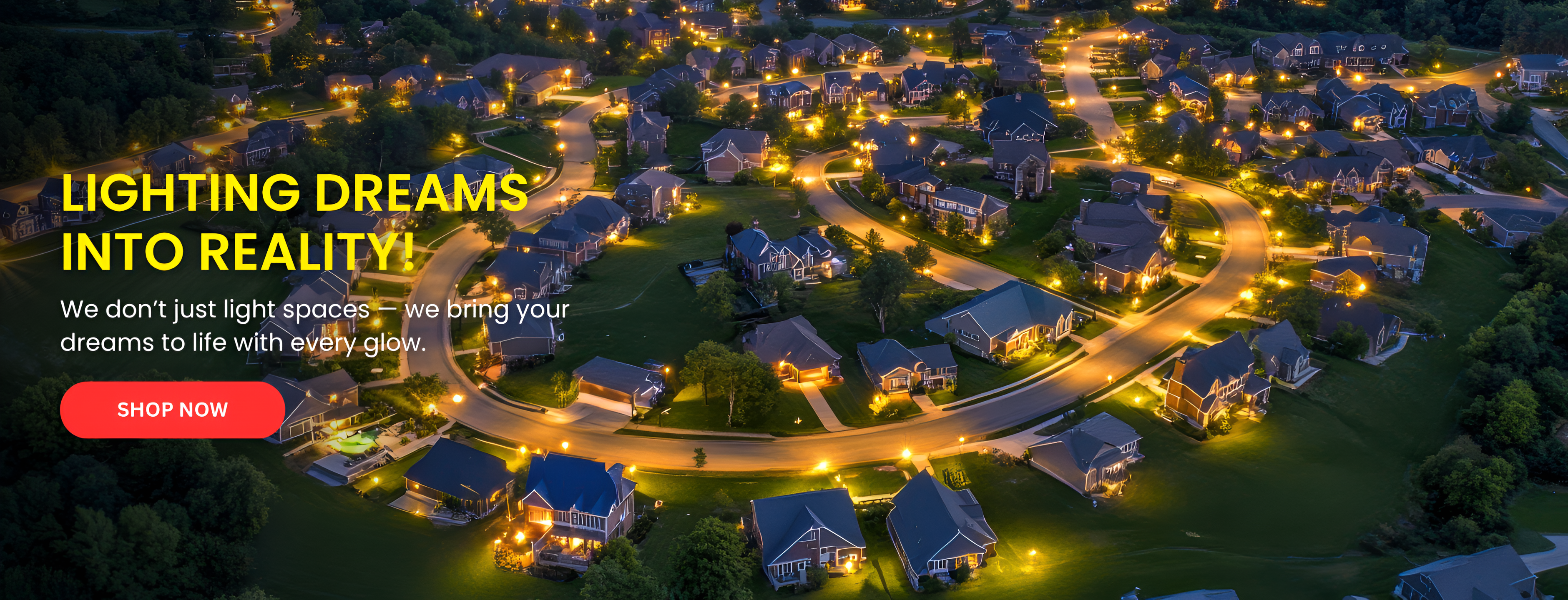 Aerial view of a residential area with illuminated streets and houses, promoting a lighting service for outdoor lighting display at fliptoled