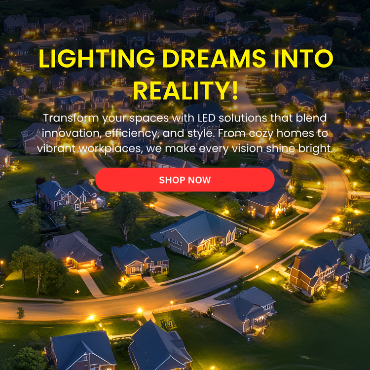 Aerial view of a residential area with illuminated streets and houses, featuring a promotional message about LED lighting solutions.