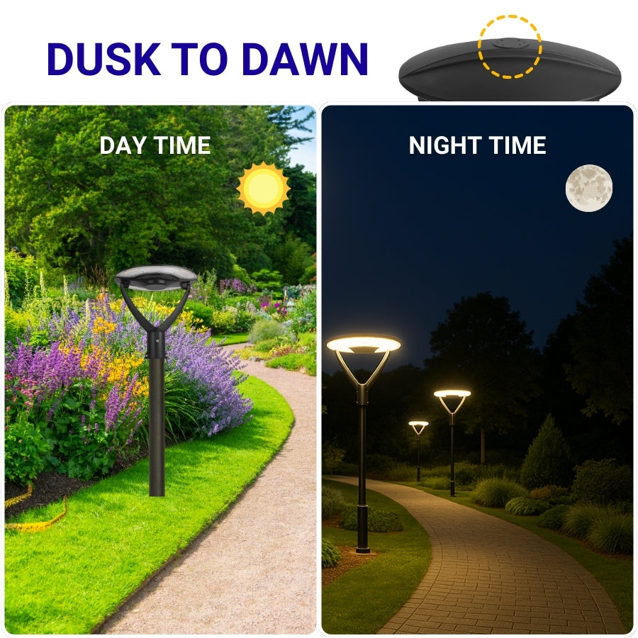Garden path with outdoor post light fixtures during day and night, showing 'Dusk to Dawn' functionality.