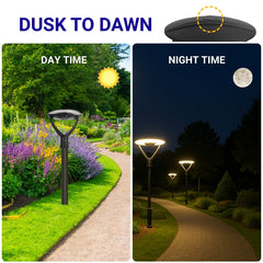 Garden path with outdoor post light fixtures during day and night, showing 'Dusk to Dawn' functionality.
