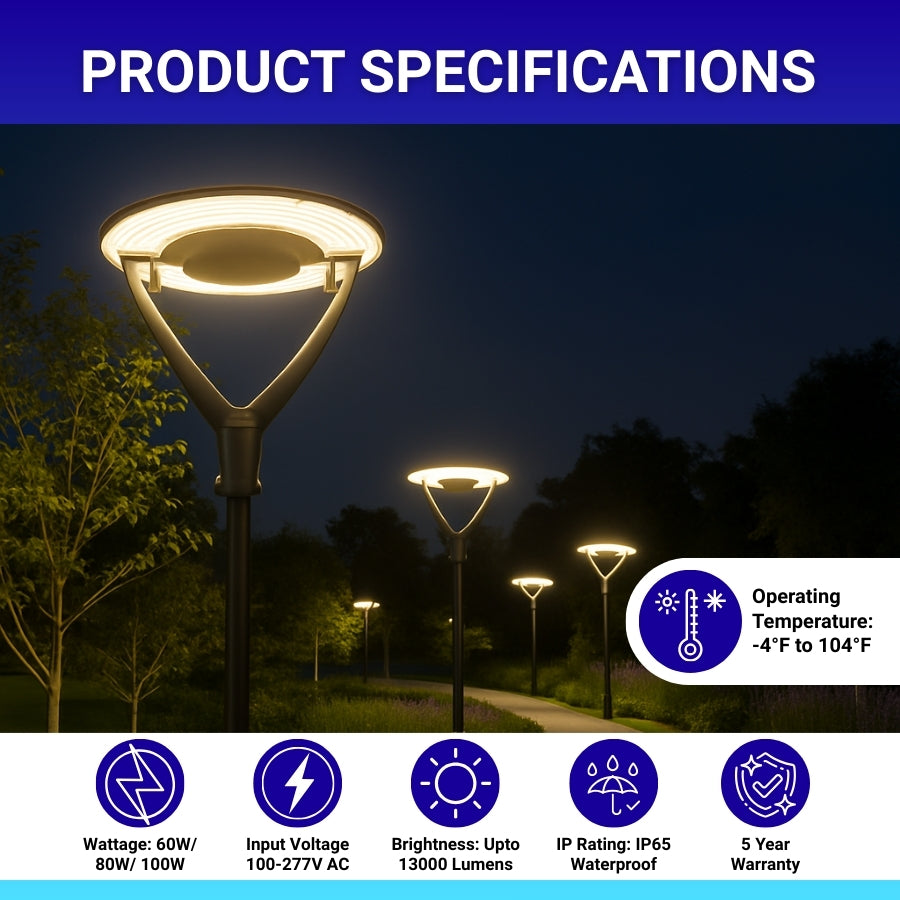 outdoor post light fixtures with product specifications displayed on a dark background