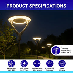 outdoor post light fixtures with product specifications displayed on a dark background