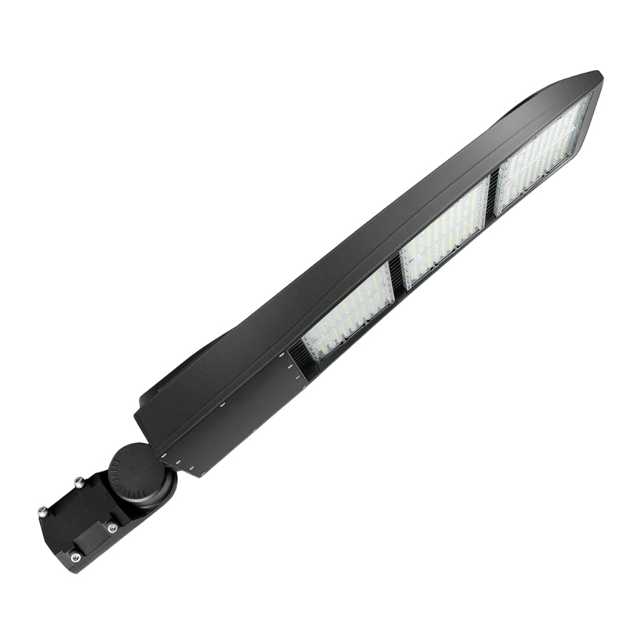 Black outdoor LED flood light on a white background, parking lot lighting led at fliptoled 