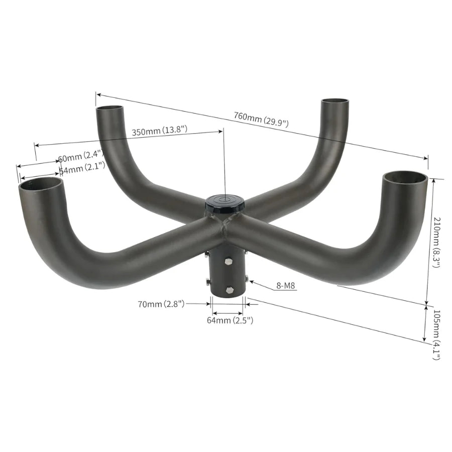 Black metal bracket with dimensions labeled on a white background