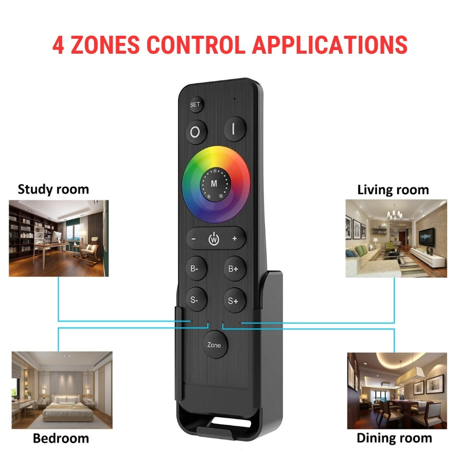 Remote control with color display for 4 zones control applications, shown in various rooms.