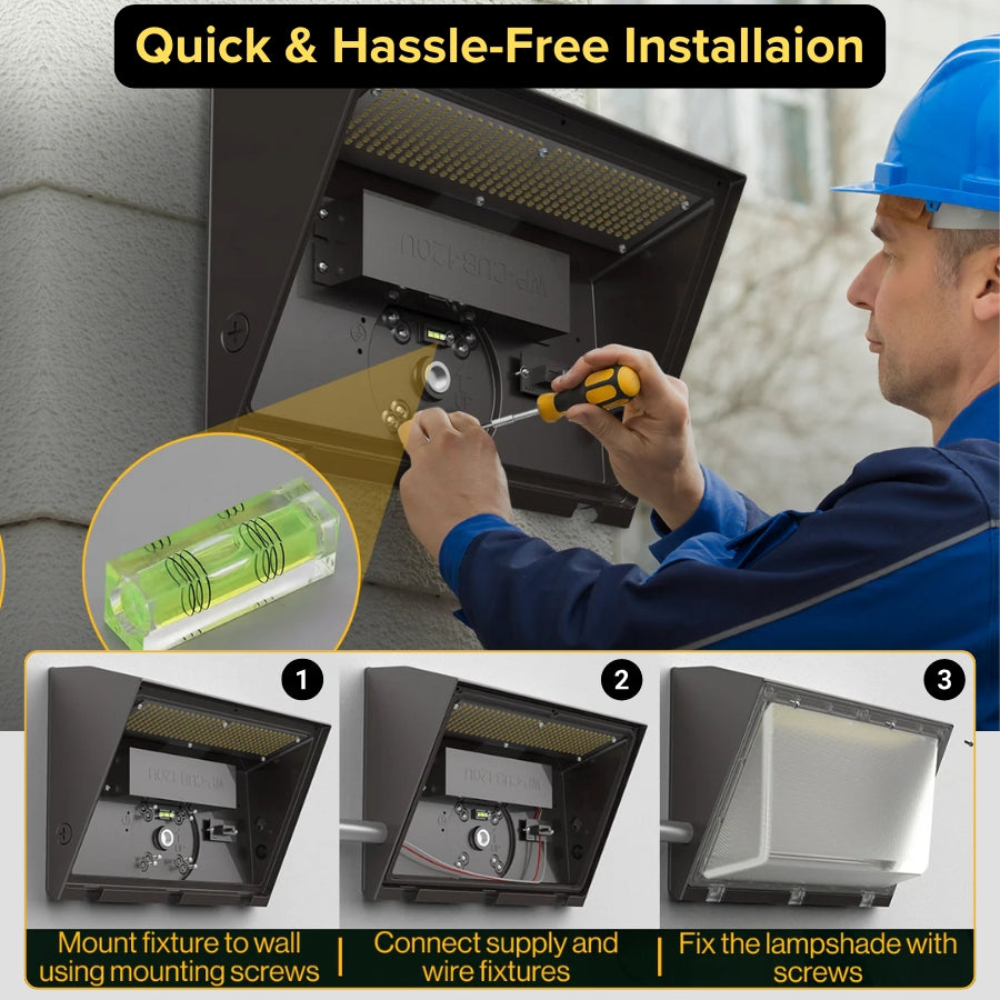 Person installing a wall-mounted light fixture with step-by-step instructions.