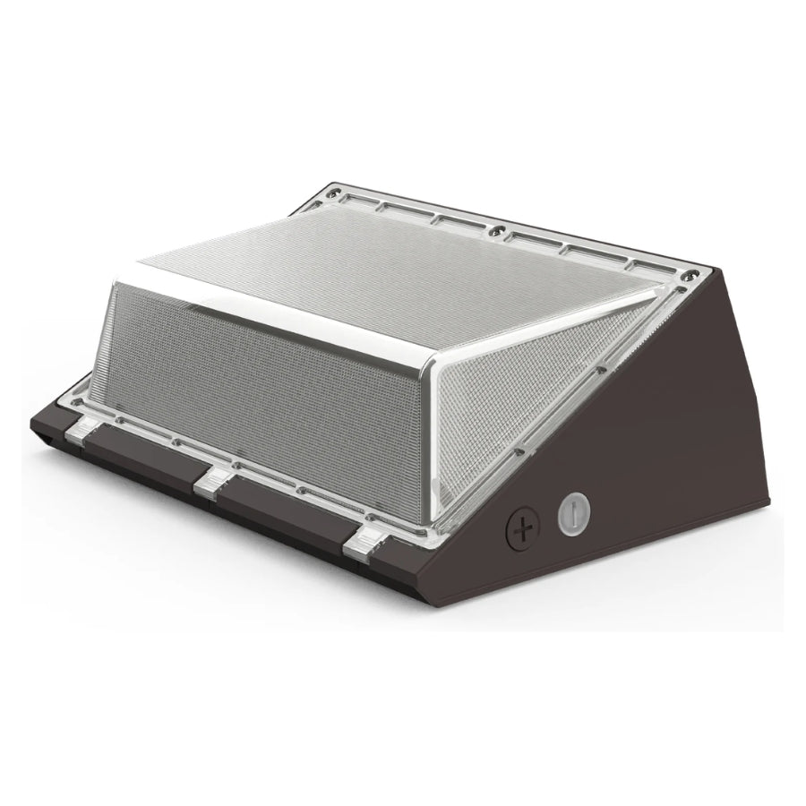 Black and silver electronic semi cutoff led wall pack on a white background