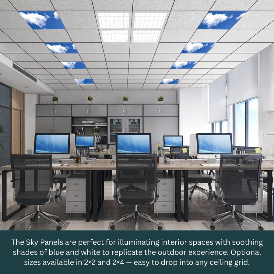 Modern office with computer desks and chairs, featuring a ceiling with sky panel design.