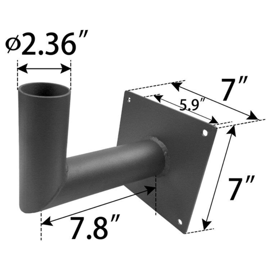 Black metal bracket with dimensions labeled on a white background