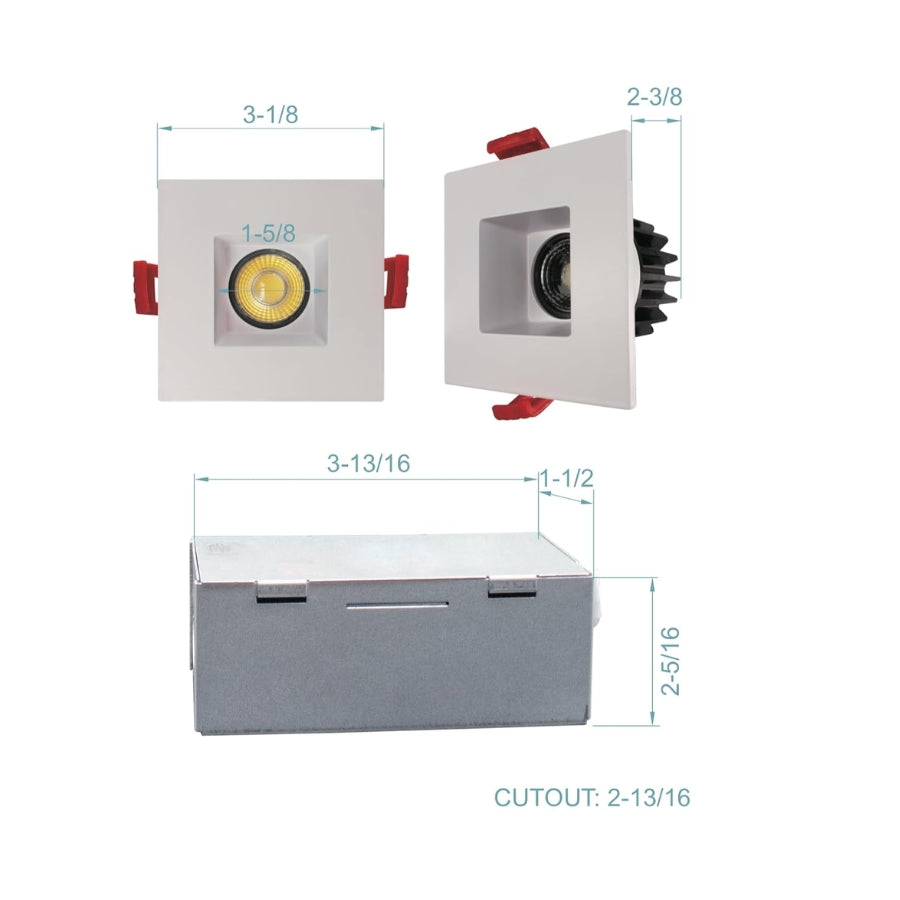Two square recessed ceiling lights with measurements on a white background