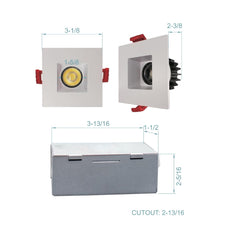Two square recessed ceiling lights with measurements on a white background