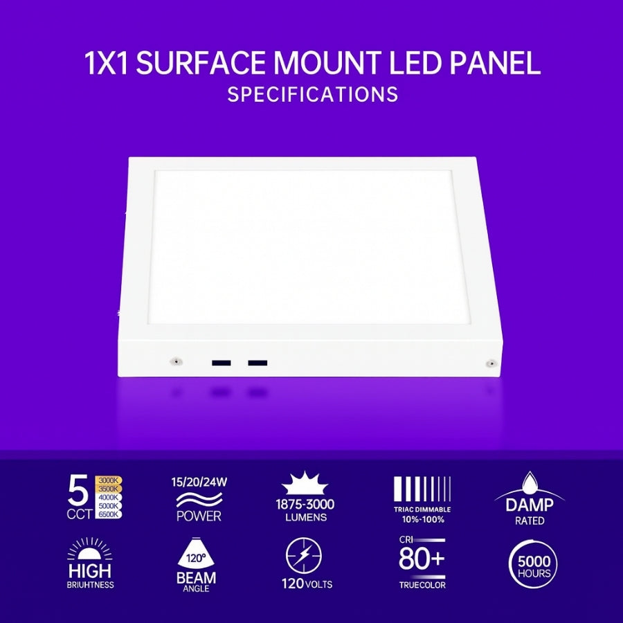 1x1 surface mount LED panel with specifications on a purple background