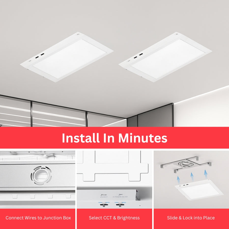 Two square ceiling lights installed on a gray ceiling with text indicating installation process.