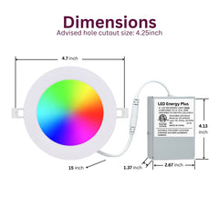 LED light panel with dimensions and color display on a white background