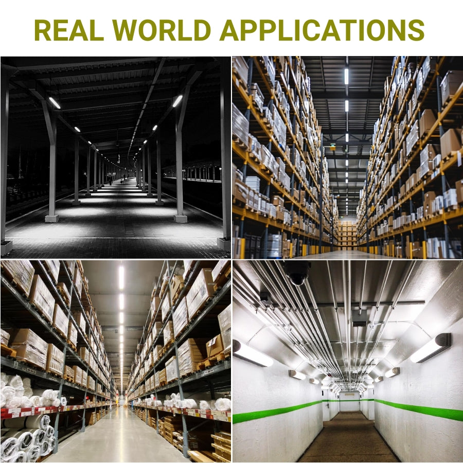 Collage of warehouse interior scenes with text 'Real World Applications'.