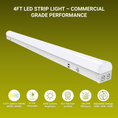 4FT LED strip light with features on a green background, suspended ceiling lights at fliptoled