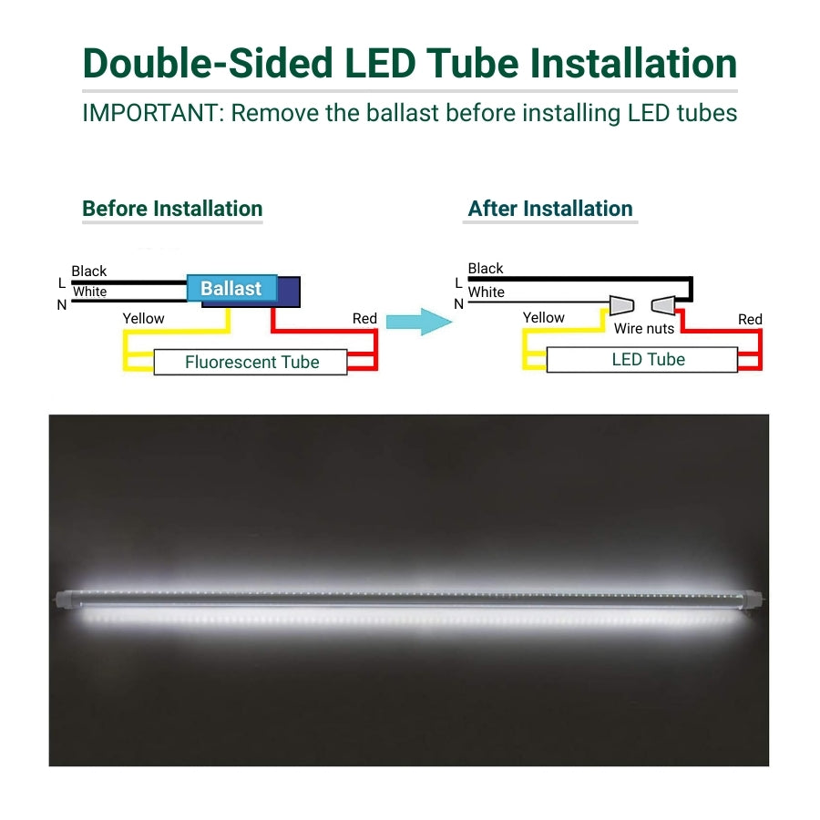 Diagram and t8 led bulbs installation with color-coded wiring.