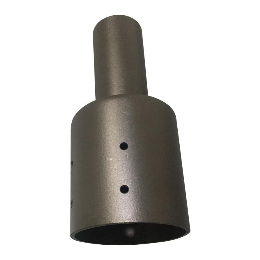 Metallic cylindrical tenon adapter for 3'' round pole with a conical top on a white background