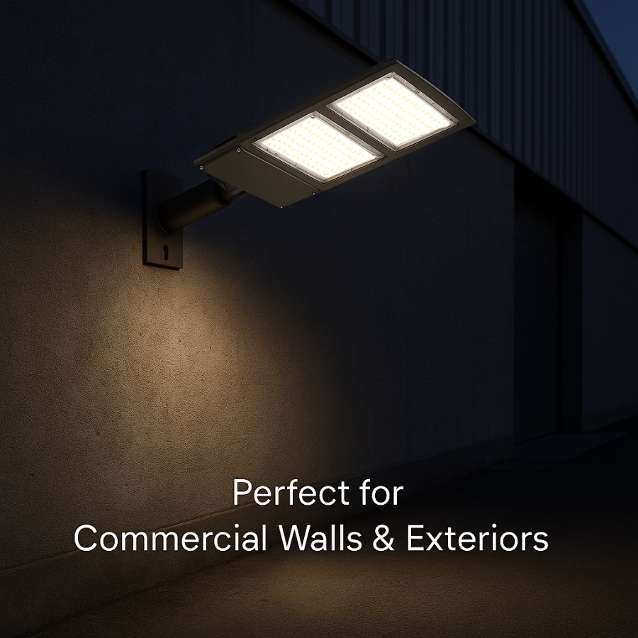 Street light fixture on a wall with text 'Perfect for Commercial Walls & Exteriors' in a dark setting.