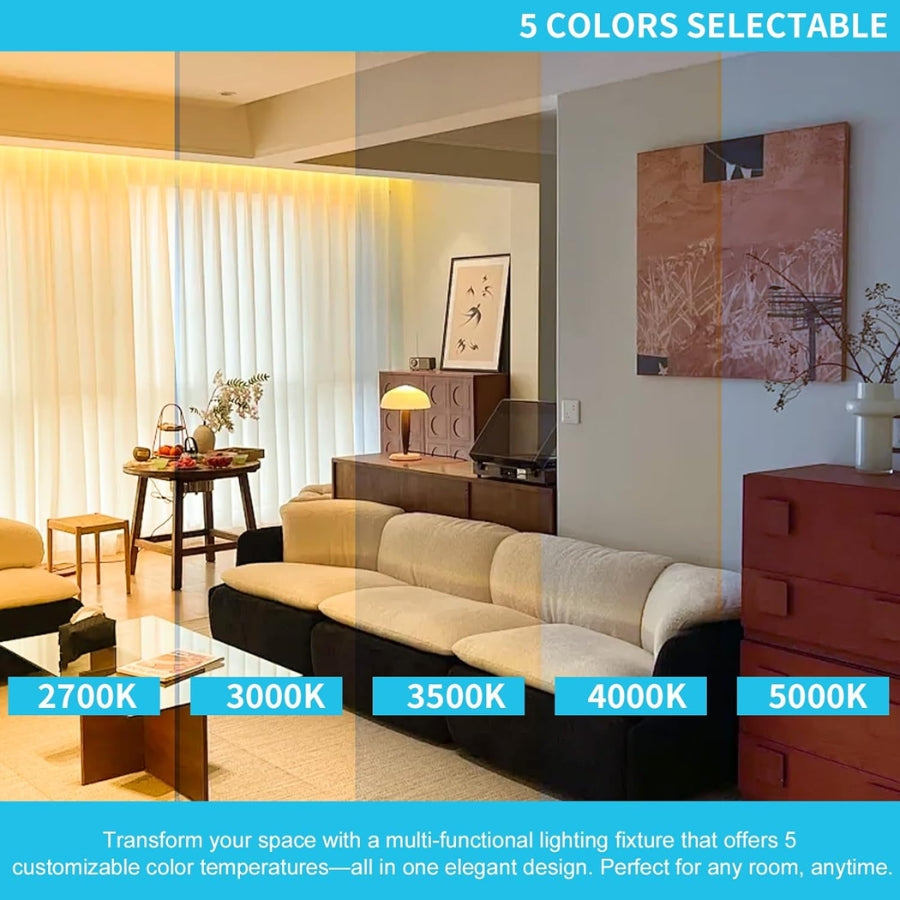 Living room with a multi-functional trimless recessed downlight​ lighting fixture and color temperature options displayed.