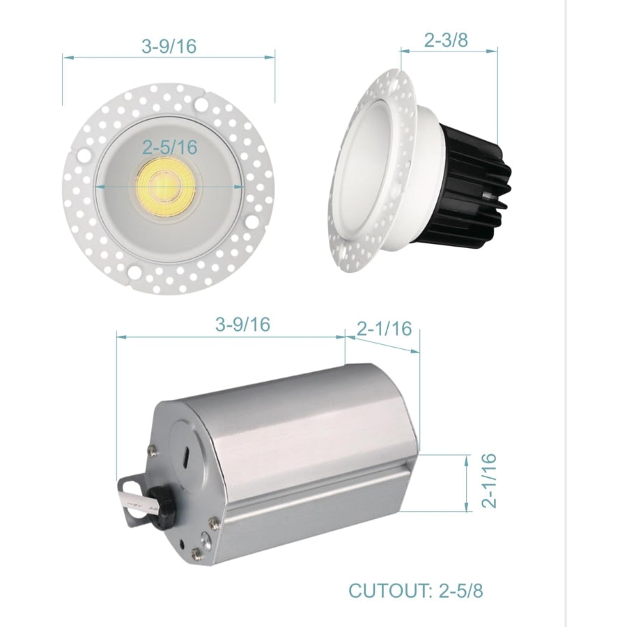 Dimensions and specifications of a trimless recessed led downlights​ on a white background