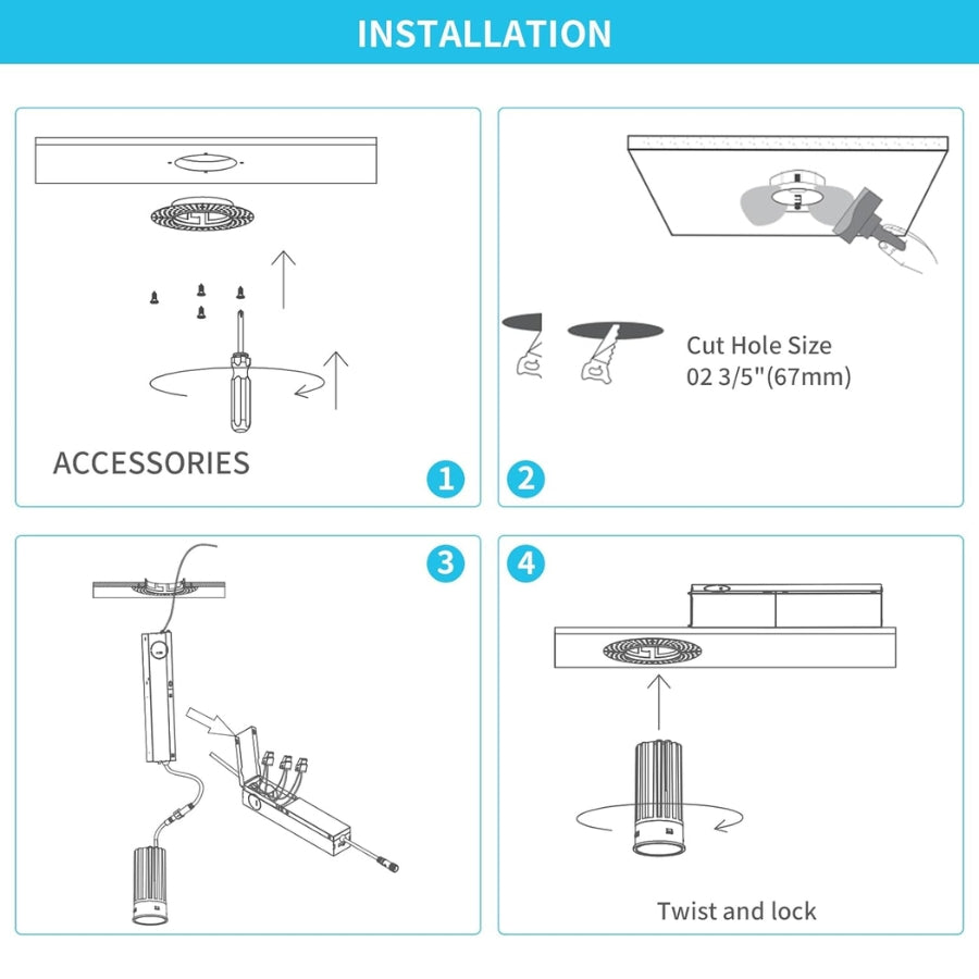 Step-by-step installation diagram for a trimless recessed led downlights​ ceiling light fixture with labeled steps and cut hole size.