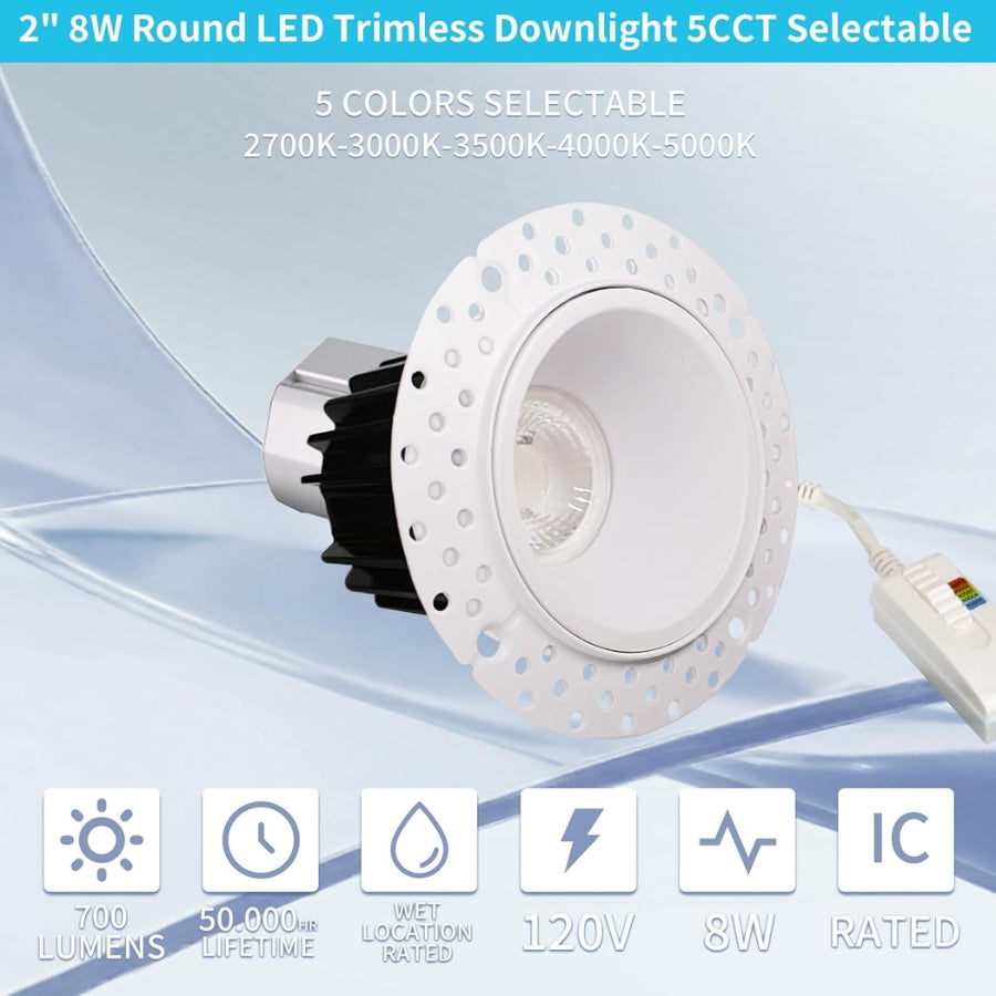 trimless recessed led downlights​ with specifications on a blue gradient background