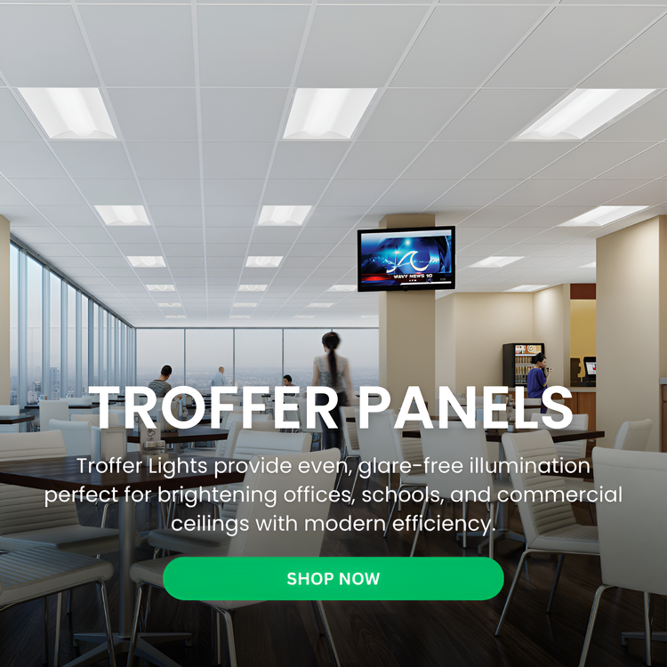 Modern office interior with Troffer panels and a TV on the wall, featuring text about Troffer Lights at fliptoled 