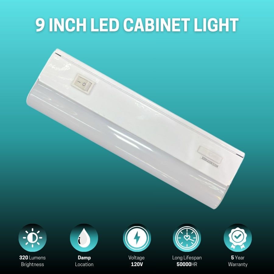 9 inch LED cabinet light on a gradient blue background with features listed below.