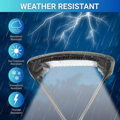 Weather-resistant product with rain, sun, snow, and thunder graphics on a blue background at modern outdoor post light fixtures​
